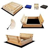 Sandkasten 100 x 100 Premium Sandbox mit Abdeckung Sitzbänken Deckel Plane...