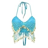 Pailletten-Tanztop, Neckholder-Top mit Goldener Quaste, glitzerndes Bra-Top, Bauchfreies...