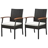 KOMFOTTEU 2er Rattan Gartenstuhl Set, Terrassenstuhl mit Armlehnen aus Holz,...