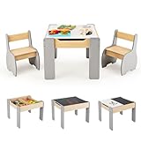 COSTWAY Kindertisch mit 2 Stühlen, 3 teilige Kindersitzgruppe aus Holz mit wendbarer &...