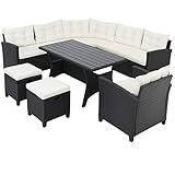 Casaria® Polyrattan Ecklounge Set WPC Esstisch Ecksofa Sessel 2 Hocker inkl. Sitzauflagen...