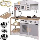 KRUZZEL Kinderküche Weiß/Beige/Grau - Spielküche Zubehör Lehrreich -...