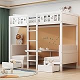 Platzsparendes Etagenbett für Kinder, Hochbett mit Flexibler Tisch und Holzsofa,...