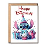 Stitch Cartoon Geburtstagskarte – Lustige Kinder Geburtstagskarte –...