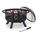 Relaxdays Feuerschale mit Funkenschutz, Garten & Terrasse, mit Schürhaken, Outdoor...