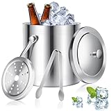 Auauraintt 2L Edelstahl Eiskübel, mit Deckel, Zange, Sieb und Griff,Doppelwandiger...
