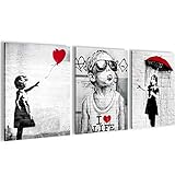 Novart Wandbilder Set Banksy Collage - KOMPLETT AUFHÄNGFERTIG - Wohnzimmer Büro Deko - 3...