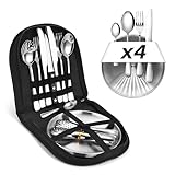[23-teilig für 4 Personen] Camping Besteckset. Edelstahl-Gabeln, Messer und Löffel....