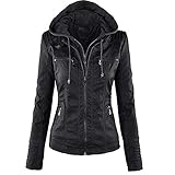 Newbestyle Lederjacke für Damen, Reißverschluss, Mantel mit Kapuze, kurz,...