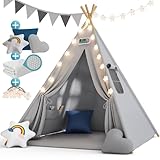 Spielwerk® Tipi Zelt für Kinder Indoor 130x130cm Set mit Bodenmatte Grau Blau...