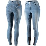 HORZE Damen Reithose Kaia, Jeansoptik, Vollbesatz & Gürtelschlaufen, Blau, 40