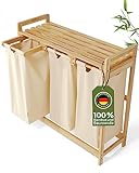 AMBIAVO® Wäschekorb 3 Fächer Beige – Wäschesammler mit Ablage, 90L –...