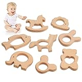 TYFYH 8 Stück Baby Beißring Holz, Holztiere Baby Beißring Baby Holzfiguren, Natürlich...