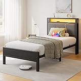 FOUBAM Bettrahmen mit Ladestation, Robustes Metallbett mit Holz Stauraum-Kopfteil aus...