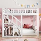 BLSYHDH Etagenbett 140 x 200 cm mit Treppe, Etagenbett für Kinder mit Staufach Kinderbett...