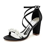 Hochzeitsschuhe Braut High Heels Sandalen Damen Sommer Satin Blockabsätze Perle Peeptoes...