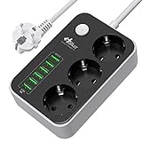 Mehrfachsteckdose HULKER Steckdosenadapter 3 Fach/Steckdosen 6 USB -Anschlüsse,...