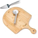 Pizzaschieber mit Schneidrad & Schaufel, Bambus Pizza Spatula Paddle mit Easy Glide Kanten...