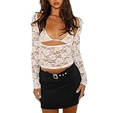 Damen Y2K Longsleeve Rückenfrei Spitze Mesh Low Cut Crop Top Offener Rücken Durchsichtig...