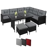 Montafox Poly Rattan Ecklounge 7 Personen Eckbank Tisch 2 Hocker Sitzkissen 5cm...