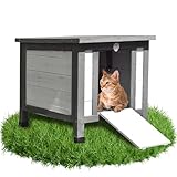 Melko Katzenhaus Grau/Weiß 50 x 45 x 43 cm mit klappbarem Deckel und Rampe, Winterfest