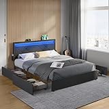 VASAGLE Doppelbettgestell, Bettgestell, 160 x 200 cm, LED, Metallbett, 4...