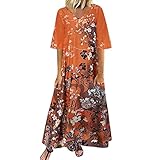 ETHKIA Damen Sommer Maxikleid Kurzarm V-Ausschnitt Lässige lockere Lange Strand Split...