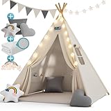 Spielwerk® Tipi Zelt für Kinder Indoor 130x130cm Set mit Bodenmatte Weiß Grau...