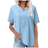 Musselin Leinenbluse Damen, Stickerei V-Ausschnitt Bluse Kurzarm Tshirt Vintage Einfarbig...