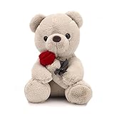 Fouvin Teddybär, Plüsch-Bär, Teddy mit Rose, 23 cm Teddybären Rose Stofftier Spielzeug...