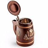 Novecrafto Bierkrug aus Holz mit Deckel, handgefertigt aus echtem Eichenholz mit...