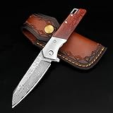 KOMWERO Damast Taschenmesser Klappmesser mit Gürtelclip, Scharf Einhandmesser mit...