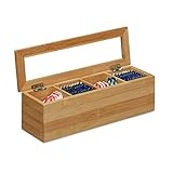 Relaxdays Tee-Box Bambus, 4 Fächer, schmal, Sichtfenster aus Kunststoff, HxBxT:...