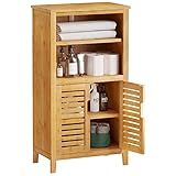 VIAGDO Badezimmerschrank Bambus, Badschrank mit 2 offenen Fächern und 2 Lamellentüren,...