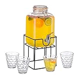Relaxdays Getränkespender Set, Glas Wasserspender 4,2 L, 4 Trinkgläser,...