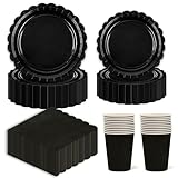 EVYIENEN 96 Stück Partygeschirr Set für 24 Gäste,Schwarz Gewellte Pappteller und Becher...