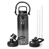 Trebo Wasserflasche mit 3 Deckeln und Griff, vakuumisoliert, Edelstahl, auslaufsicher,...