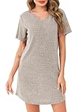 Lovasy Nachthemd Damen Kurzarm Schlafshirt Geripptes Gestrick V-Ausschnitt Sexy Sommer...