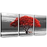 hyidecorart Bilder Baum Rote, Bäume Natur Leinwand Bilder, 3 Teilig Wandbilder...