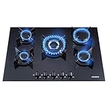 Arebos Gaskochfeld 70cm 5 Brenner | Gasherd aus gehärtetem Glas | Einbaukochfeld mit...