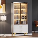 Rtopsu Vitrine Weiß Sideboard Standschrank mit LED-Beleuchtung, Vitrinenschrank...