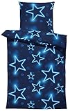one-home Bettwäsche 155x220 cm Sterne Stars dunkel blau leuchtoptik Übergröße...