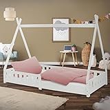 ML-Design Kinderbett Tipi 90x200 cm Weiß mit Rausfallschutz und Lattenrost, aus...