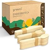 greenli® Einwegbesteck Set - 150 Holzgabeln, Holzmesser und Holzlöffel - Nachhaltiges...
