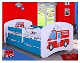 naka24 Kinderbett mit Matratze und Bettkasten für Jungen (160x80 cm, Feuerwehr)