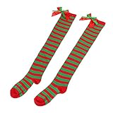 Damen Lange Gestreifte Socken Thigh High Socks Weihnachten Schleife Oberschenkel Hohe...