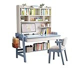 Schreibtisch aus Massivholz mit integriertem blauem Bücherregal, ideal für Home Office...