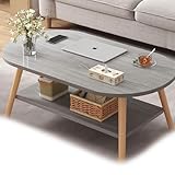 Couchtisch aus Massivholz mit natürlichem Rattan-Regal und 2-stöckigem Design für...