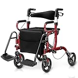 HOMASIS 2 in 1 Rollstuhl Rollator faltbar & leicht mit Sitz, Gehhilfe 6-fach...