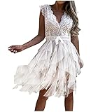 Weißes Sommerkleid für Damen Langarm/Ärmellos V-Ausschnitt Spitzenkleid Fließende...